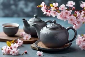 Cups of brewed tea, teapot and sakura flowers on grey table. Generative AI photo