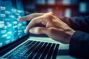 Businessman hand Browsing Internet Data Information Search engine. Networking Concept. Generative AI photo