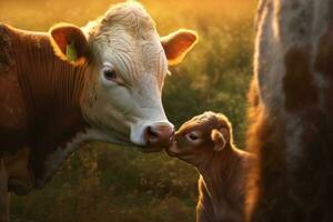 un reconfortante imagen de un madre vaca acariciando su becerro en un sereno granja configuración, enfatizando el nutriendo y orientado a la familia naturaleza de vaca agricultura. generativo ai foto