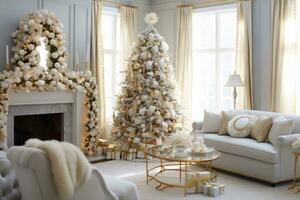 A lavish composition featuring gold ornaments, shimmering ribbons, and cascading strings of pearls, exuding opulence and sophistication for a luxurious Christmas design. Generative AI photo