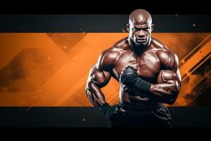 Muscular bodybuilder man in fitness with copy space, banner. Generative AI photo