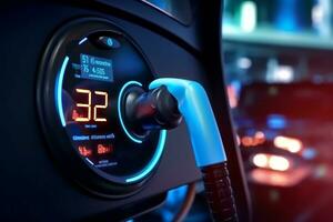 Electric vehicle charging station, bright blue car plugged in. Close-up of charging cable with blue light and UI control information display. Generative Ai photo