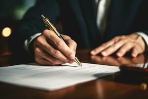 Closeup businessman hand signing significant contract document, with pen writing down signature on contract paper. Generative Ai photo