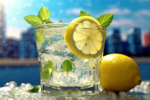 A close-up shot of a glass filled with ice cubes and freshly squeezed lemonade, garnished with a lemon slice and mint leaves, against a bright and vibrant background. Generative AI photo