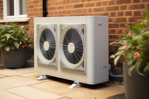 Air conditioning heat pump installed in residential building. Generative Ai photo