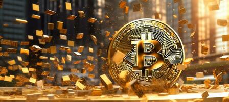 A conceptual image featuring a Bitcoin symbol bursting through traditional financial institutions, illustrating the disruptive nature of digital currency. Generative AI photo