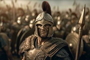 un romano guerrero soportes en frente de un grupo de soldados, todas vistiendo armadura y que lleva armas generativo ai foto