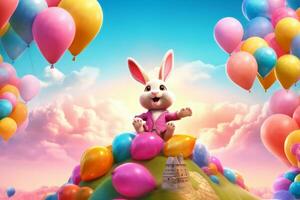 Bunny floating among colorful Easter balloons in the sky, with fluffy clouds and a backdrop of a vibrant sunrise, symbolizing the joy and excitement of Easter morning. 3d Render. Generative AI photo