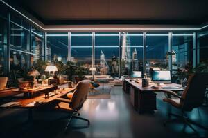 A sleek and contemporary image showcasing a well-designed office space with stylish furniture, natural lighting, and a clean aesthetic, reflecting a modern work environment. Generative AI photo