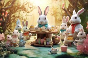 An whimsical image showcasing a bunny hosting a magical tea party in an Easter-themed wonderland, complete with festive treats, pastel-colored teacups, and joyful companions. 3d render. Generative AI photo