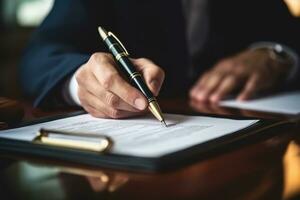 Closeup businessman hand signing significant contract document, with pen writing down signature on contract paper. Generative Ai photo