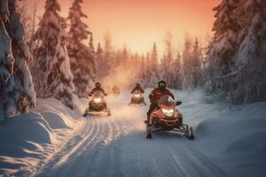 Snowmobilers riding through a winter wonderland, showcasing the adrenaline and adventure of exploring snowy terrain. Generative Ai photo