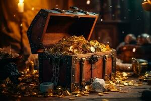 Opened old treasure chest full with gold coins. Generative Ai photo