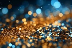 Abstract background of blue and gold glitter lights. Selective defocused. Generative Ai photo