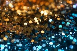 Abstract background of blue and gold glitter lights. Selective defocused. Generative Ai photo