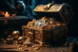 Opened old treasure chest full with gold coins. Generative Ai photo