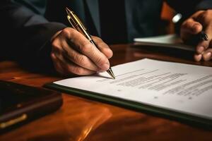 Closeup businessman hand signing significant contract document, with pen writing down signature on contract paper. Generative Ai photo