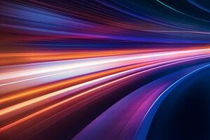 Colorful abstract long exposure dynamic curved light trails background. Generative AI photo