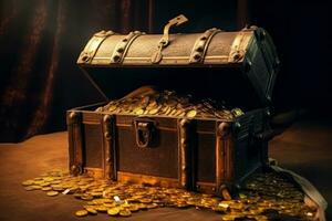 Opened old treasure chest full with gold coins. Generative Ai photo