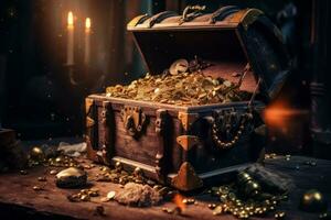 Opened old treasure chest full with gold coins. Generative Ai photo