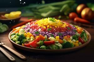 Rainbow-colored rice salad featuring a variety of plant-based proteins, appealing to vegans, vegetarians, and those looking for meatless meal options. Generative Ai photo
