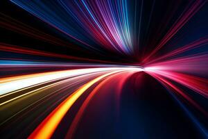 Colorful abstract long exposure dynamic curved light trails background. Generative AI photo