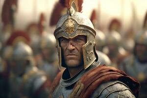 A Roman warrior stands in front of a group of soldiers, all wearing armor and carrying weapons. Generative AI photo