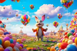 Bunny floating among colorful Easter balloons in the sky, with fluffy clouds and a backdrop of a vibrant sunrise, symbolizing the joy and excitement of Easter morning. 3d Render. Generative AI photo