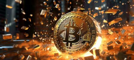 A conceptual image featuring a Bitcoin symbol bursting through traditional financial institutions, illustrating the disruptive nature of digital currency. Generative AI photo