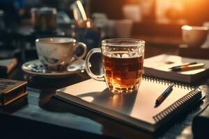 A close-up image focusing on essential office supplies such as pens, notebooks, a laptop, and a cup of coffee, representing productivity and organization. Generative AI photo
