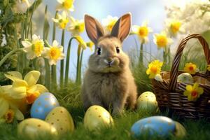 A bunny nestled in a lush meadow adorned with daffodils, tulips, and colorful Easter baskets, evoking a sense of serenity and the joy of Easter celebrations. 3d render. Generative AI photo