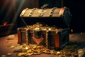Opened old treasure chest full with gold coins. Generative Ai photo