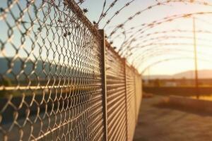 An image of a high-security prison fence or perimeter wall, symbolizing the separation between inmates and the outside world. Generative AI photo