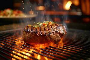 A chef expertly grilling a succulent steak over an open flame, with sizzling sparks and mouthwatering grill marks, representing the mastery of the culinary craft. Generative Ai photo