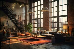 Interior of a trendy urban loft with high ceilings, exposed brick walls, and industrial-inspired decor, combining modern aesthetics with an edgy urban vibe. Generative Ai photo
