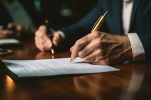 Closeup businessman hand signing significant contract document, with pen writing down signature on contract paper. Generative Ai photo