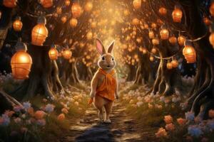 A magical image featuring a bunny leading a procession of glowing fairy lanterns through an enchanting forest, illuminating the way for Easter festivities and celebrations. Generative AI photo
