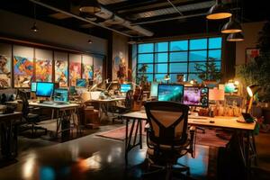 Vibrant and creative office space with colorful decorations, inspirational artwork, and open collaboration areas, promoting innovation and creativity. Generative AI photo