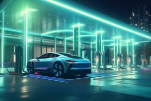 Illustration of futuristic electric car in charging station. Generative AI photo