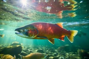 Protecting salmon populations, raising awareness about the importance of preserving their habitats and ensuring sustainable fishing practices. Generative Ai photo