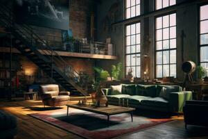 Interior of a trendy urban loft with high ceilings, exposed brick walls, and industrial-inspired decor, combining modern aesthetics with an edgy urban vibe. Generative Ai photo