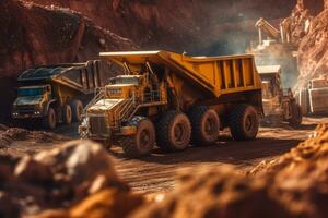 pesado maquinaria, tal como excavadoras y tugurio camiones, operando en un minería fosa, destacando el industrial naturaleza y escala de minería operaciones. generativo ai foto