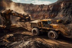 Heavy machinery, such as excavators and dump trucks, operating in a mining pit, highlighting the industrial nature and scale of mining operations. Generative AI photo