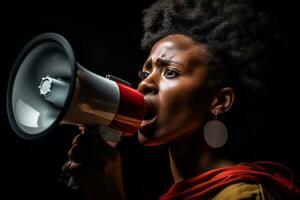 un mujer Hablando fuera en contra violencia, levantamiento su voz y rotura el silencio, simbolizando empoderamiento y resiliencia. generativo ai foto