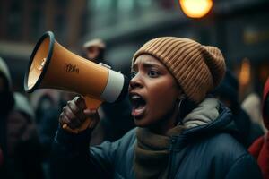 A woman speaking out against violence, raising her voice and breaking the silence, symbolizing empowerment and resilience. Generative AI photo