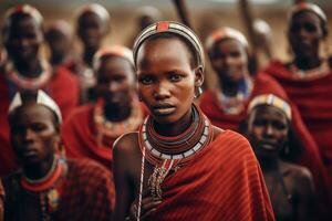 Members of the Maasai tribe in their distinctive attire and engaging in traditional activities, providing a glimpse into their customs, rituals, and way of life. Generative AI photo