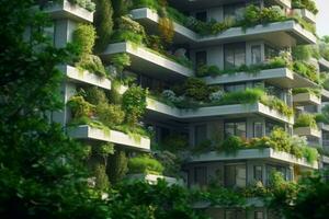 Skyscrapers buildings with plants growing on the facade. Ecology and green living in city. Concept enhancing the urban environment. Generative AI photo