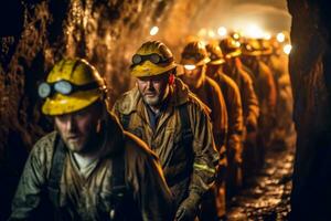 A group of miners collaborating and working together in a dark underground tunnel, representing the importance of teamwork and camaraderie in the mining industry. Generative Ai photo