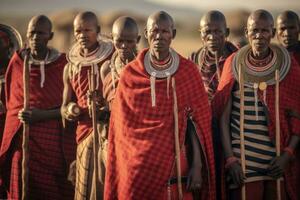 Members of the Maasai tribe in their distinctive attire and engaging in traditional activities, providing a glimpse into their customs, rituals, and way of life. Generative AI photo