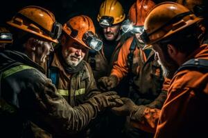 A group of miners collaborating and working together in a dark underground tunnel, representing the importance of teamwork and camaraderie in the mining industry. Generative Ai photo